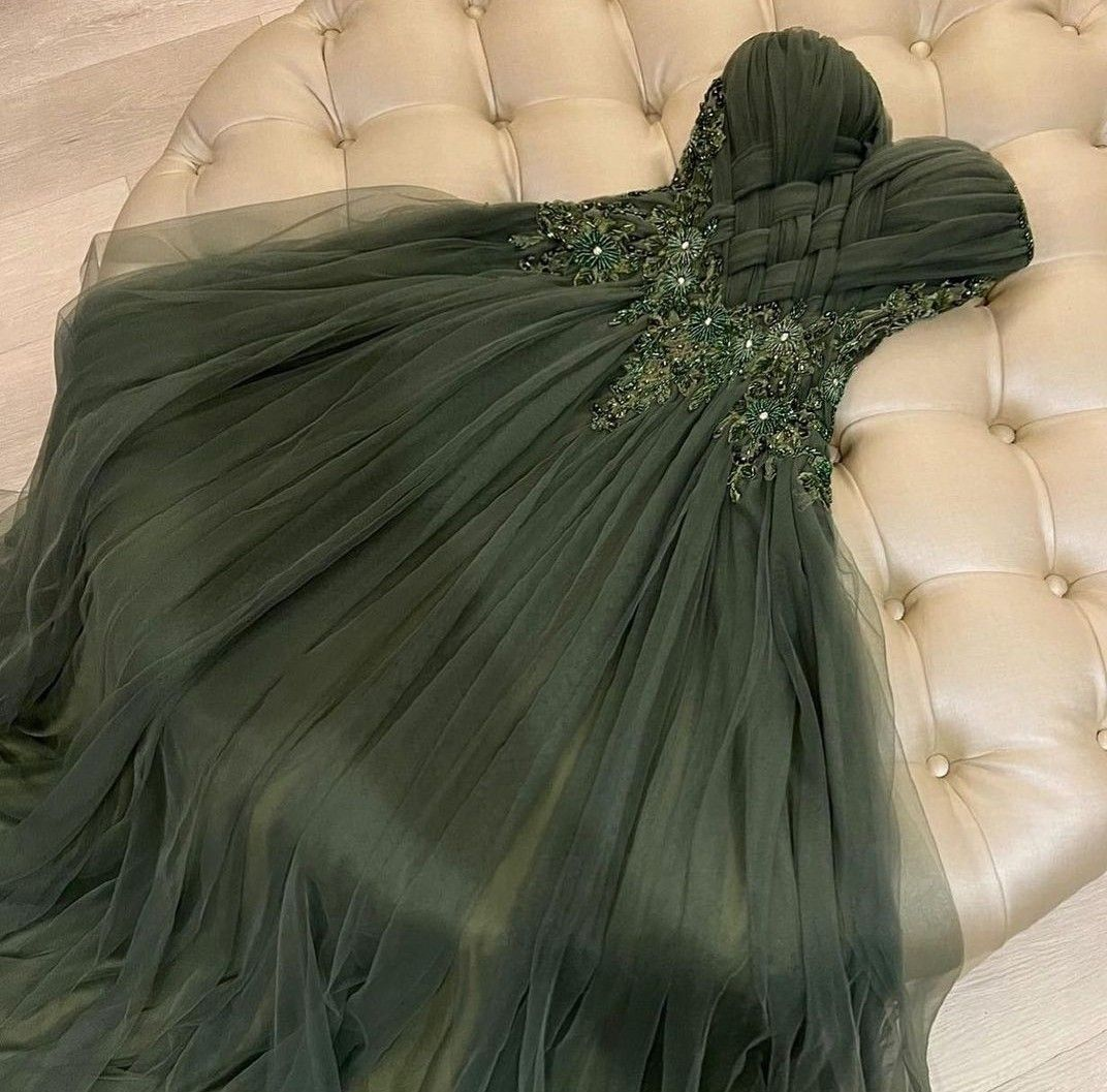 Dark Green Tulle Long Prom Dress Beaded Evening Dress fg8338