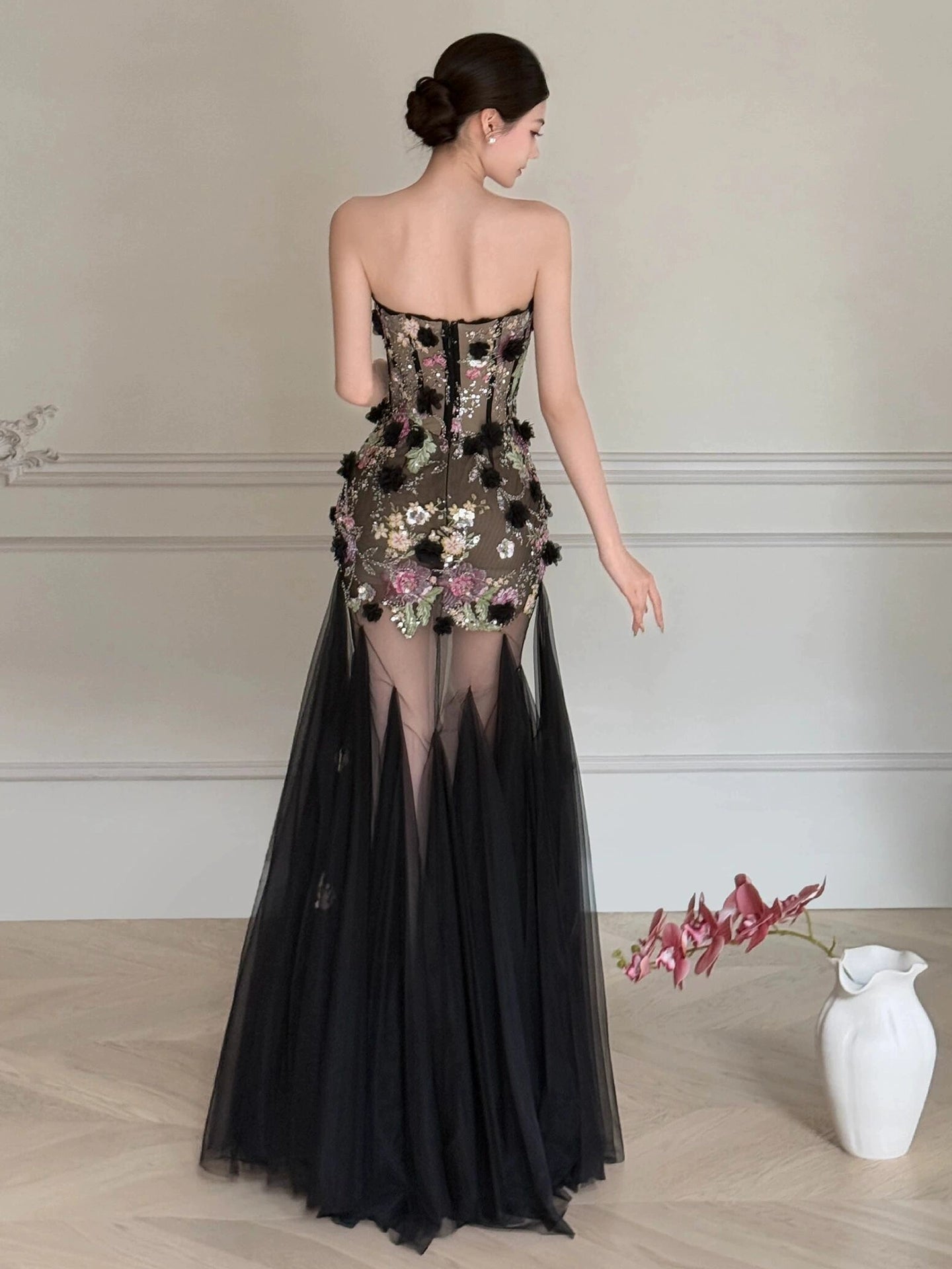 Black Long Prom Dress With Flowers Formal Evening Party Dress Birthday Outfit fg8258