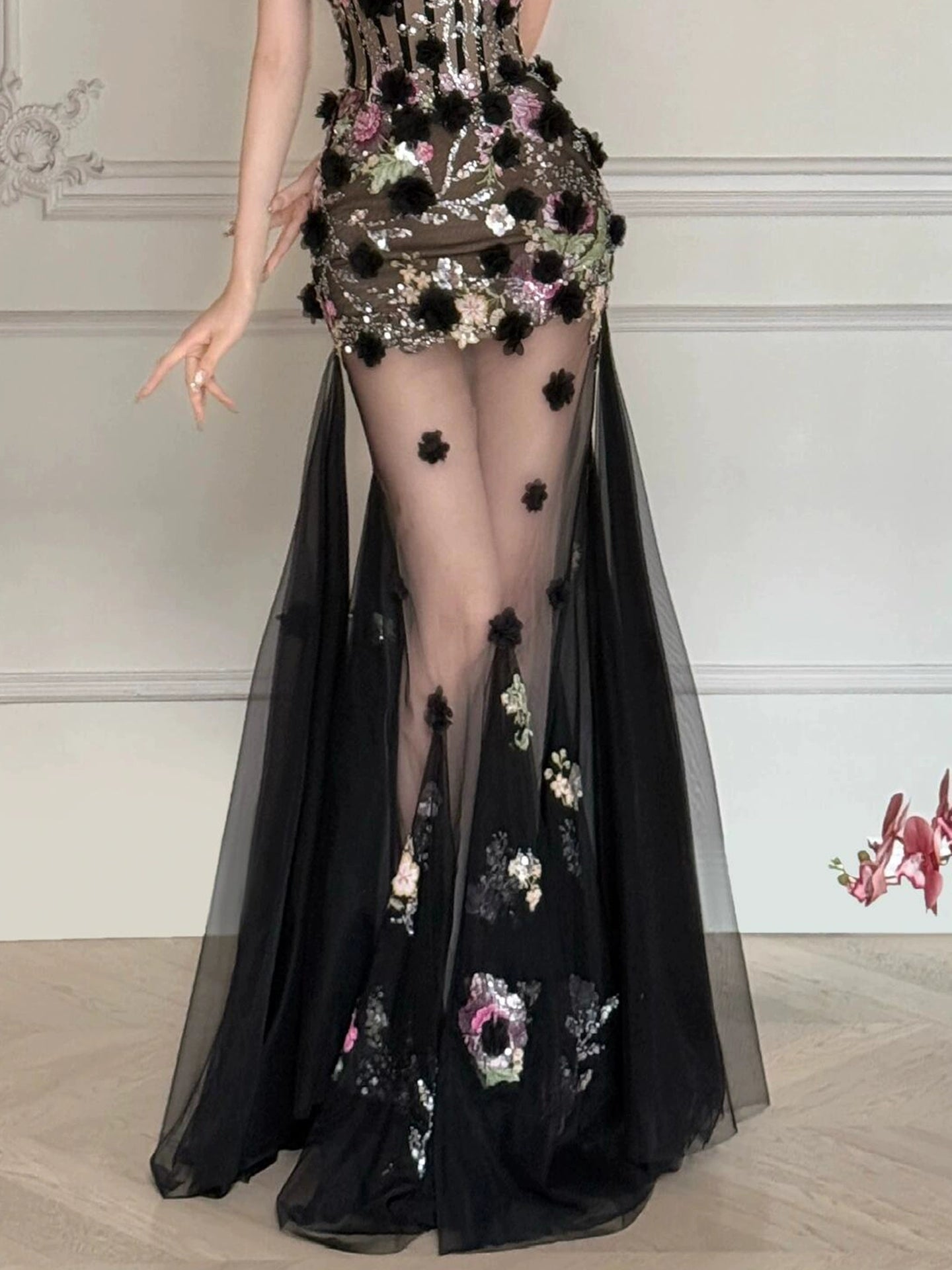 Black Long Prom Dress With Flowers Formal Evening Party Dress Birthday Outfit fg8258