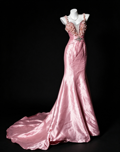 Spaghetti Strap Satin Mermaid Gown with 3D Floral & Rhinestone Embellishment fg8947