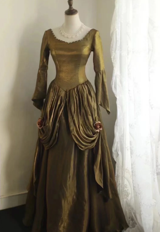 Green Velvet Prom Party Dress With Long Sleeves Classy Retro Evening Dress  fg8341