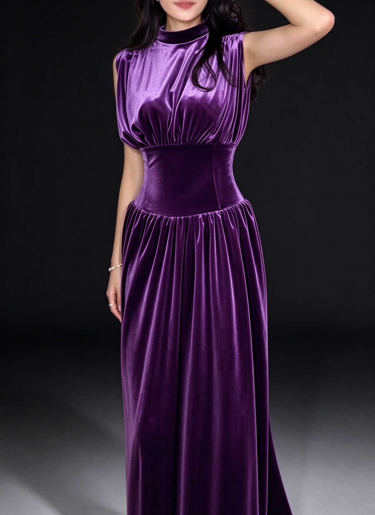 Elegant High Neck Sleeveless Purple Velvet Gathered Waist Evening Gown For Formal Banquet fg9006