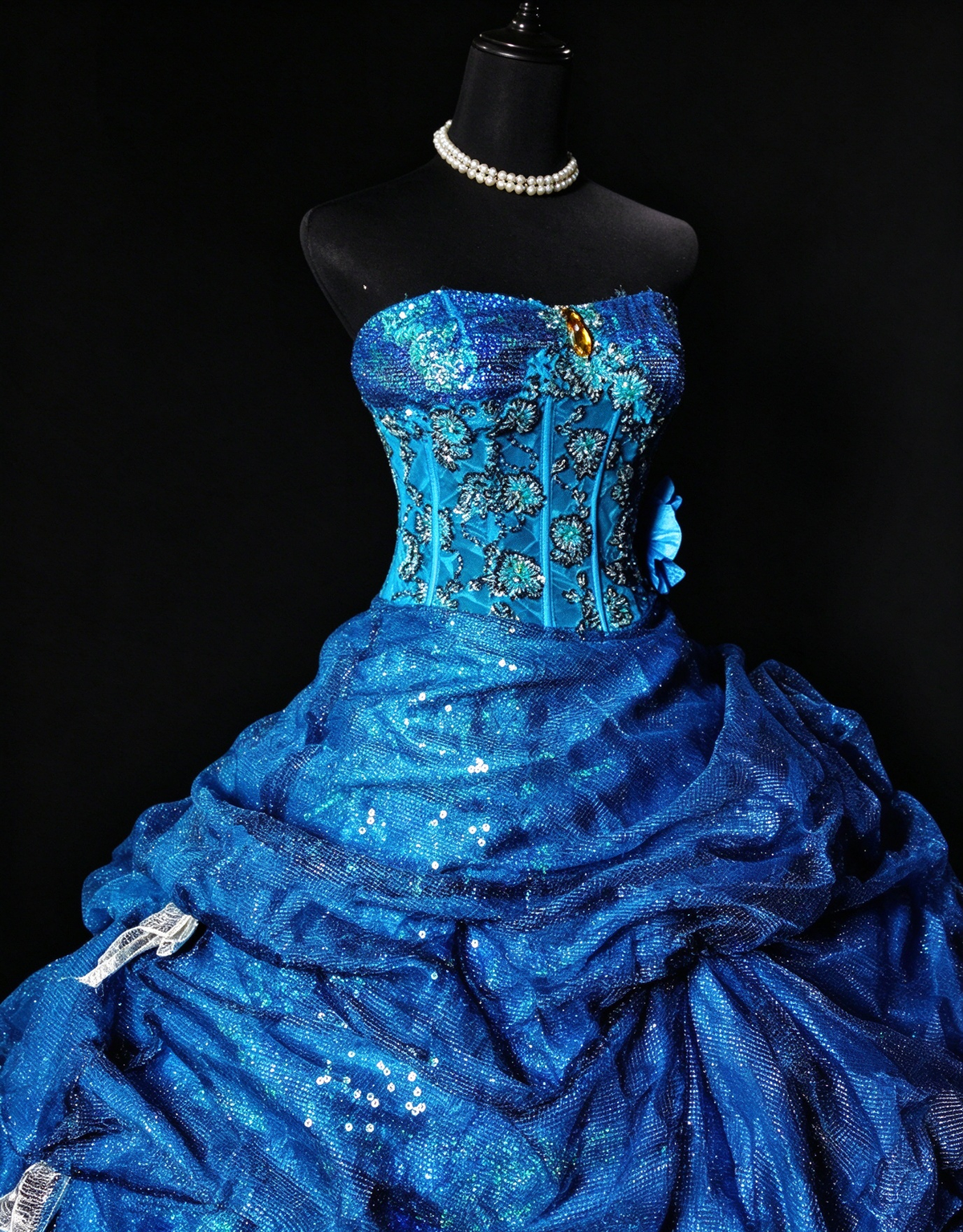 Strapless Corset Sparkly Tulle Ball Gown with Floral Embroidery & Bows fg8948