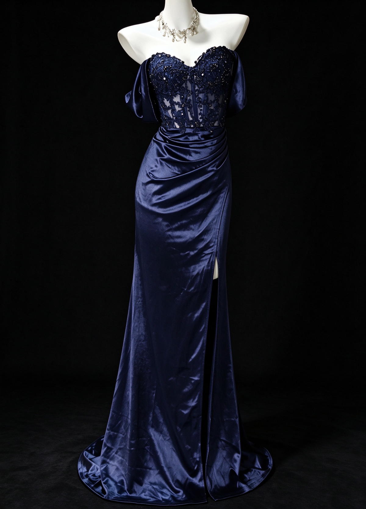 Off-Shoulder Beaded Navy Satin Mermaid Evening Dress with Slit, Formal Prom Gown fg8934