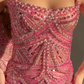 Superbe robe de soirée longue rose à bretelles spaghetti et paillettes et perles, robe de soirée formelle fg8357
