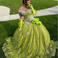Sweetheart Ball Gown Green Long Prom Dresses Sparkly Rhinestone Tulle Green Sweet 16 Dress fg8536