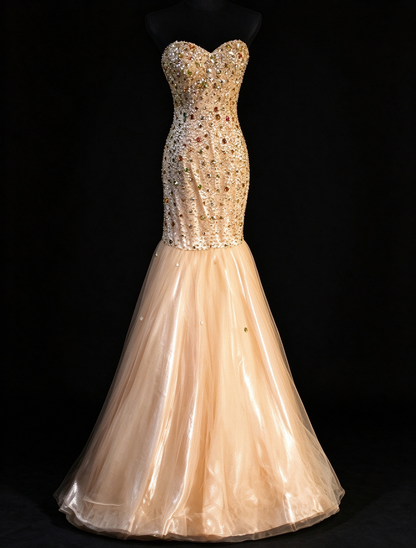 Strapless Sweetheart Rhinestone Mermaid Gown with Shimmer Tulle Skirt fg8949