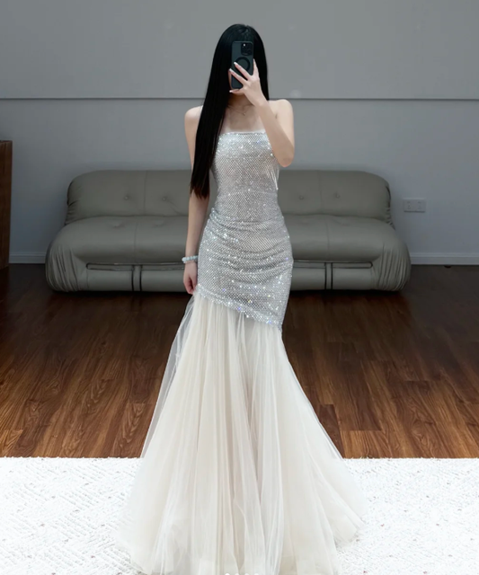 Sleeveless Silver Prom Party Dress Mermaid Evening Dress  fg8709