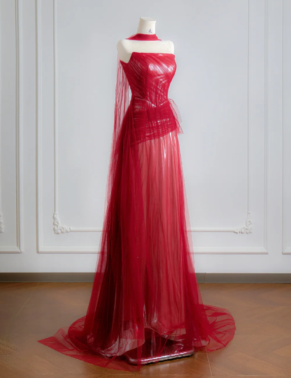 Strapless Red A Line Prom Dress Tulle Birthday Outfit Evening Dress fg8705