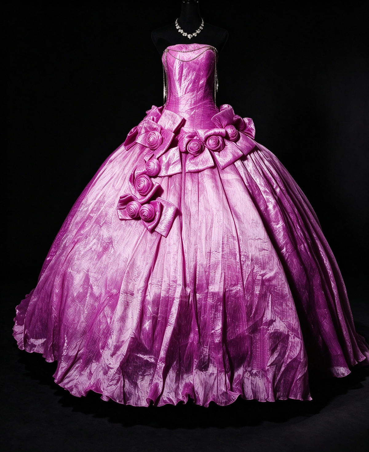 Strapless Shiny Organza Ball Gown with 3D Rose Flowers & Chain Details fg8950