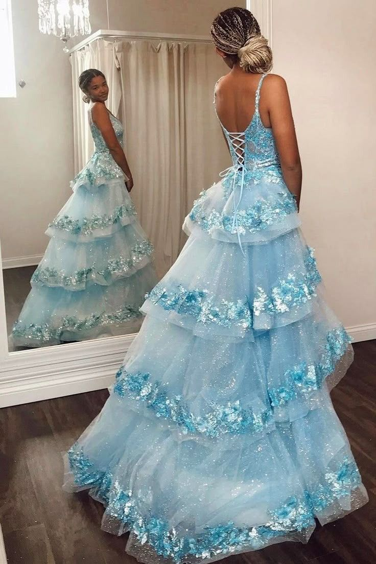 V Neck Blue Lace Tulle Prom Dress Graduation Dress 17th Birthday Dress fg8438