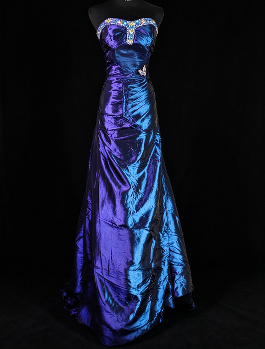 Strapless Iridescent Satin Mermaid Evening Gown with Rhinestone & Butterfly Appliqué fg8951