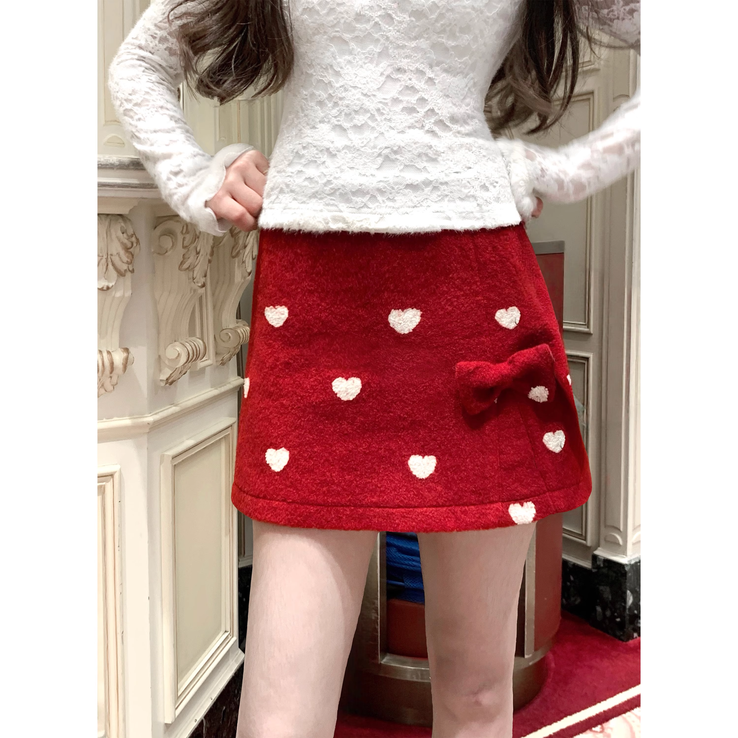 Red embroidered wool A-line skirt  A110