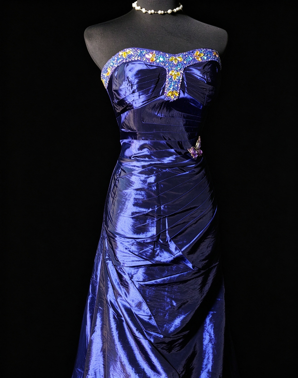 Strapless Iridescent Satin Mermaid Evening Gown with Rhinestone & Butterfly Appliqué fg8951