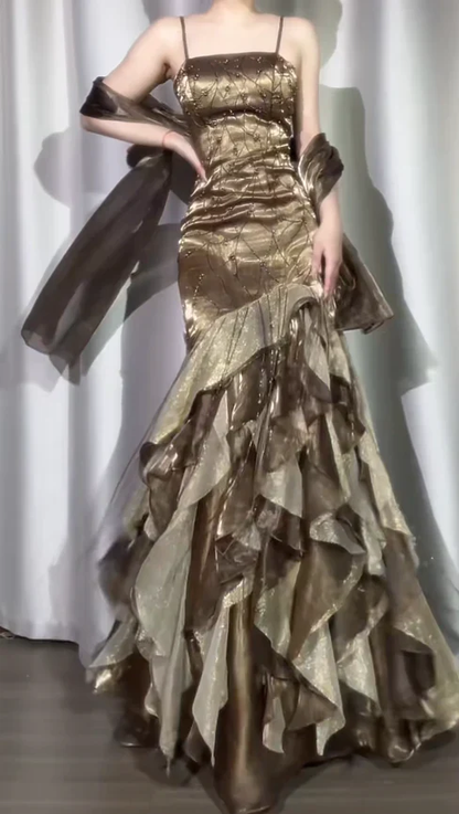 Gorgeous Sheath Long Prom Dress Spaghetti Straps Birthday Dress Beaded Satin Formal Dresses  fg8531