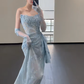 Blue Lace Mermaid Long Prom Dress Sexy Evening Dresses With Side Split   fg7665