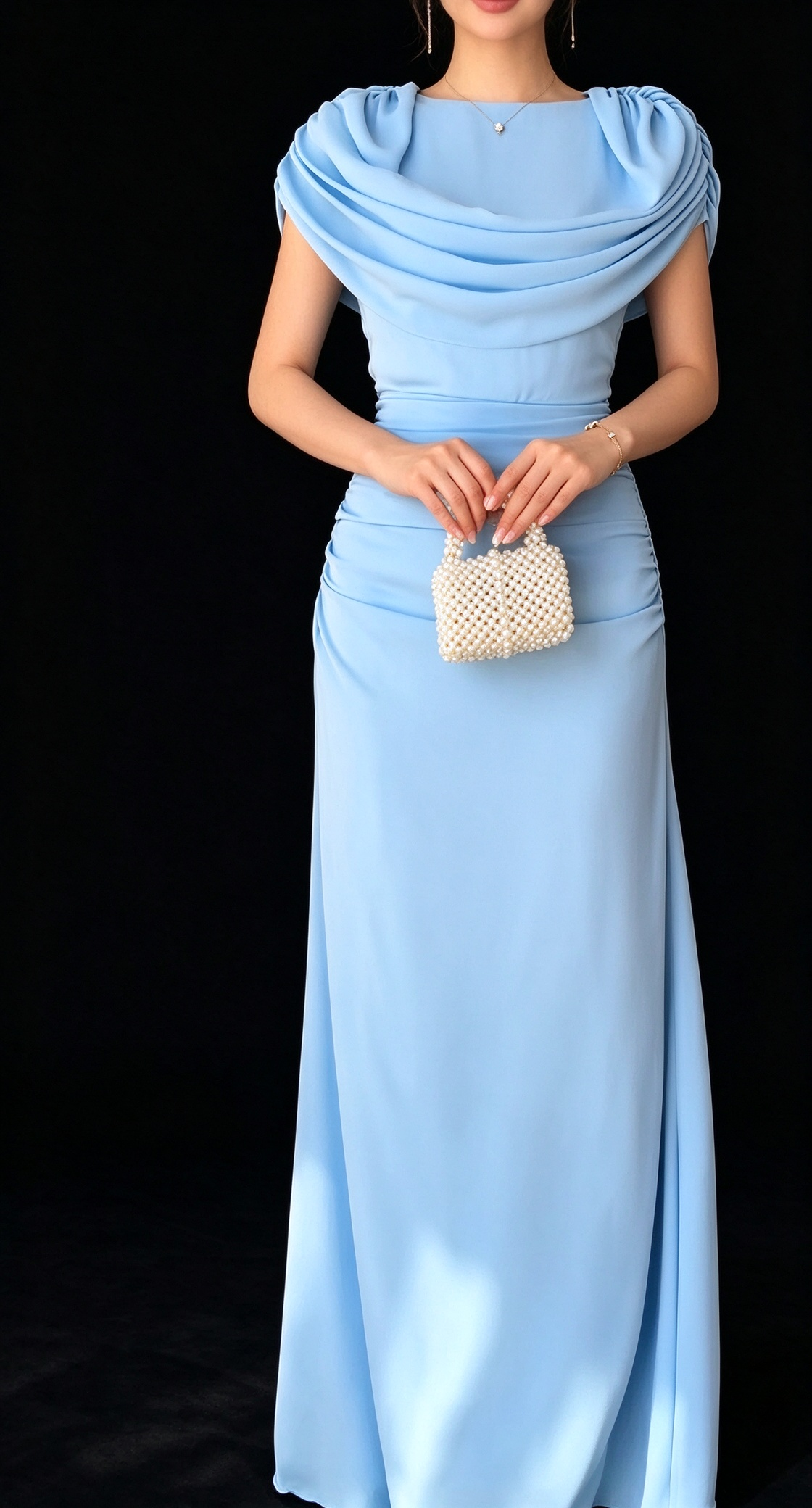 Elegant Draped Cowl Neck Light Blue Long Evening Gown With Lace-Up Back fg9009