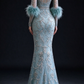 Dusty Blue Sheer Long Sleeve Mermaid Evening Gown fg9031