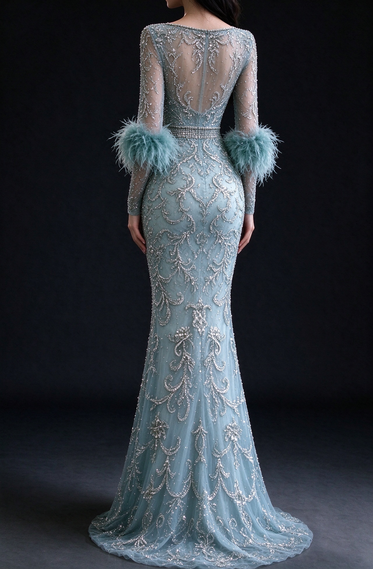 Dusty Blue Sheer Long Sleeve Mermaid Evening Gown fg9031