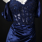 Off-Shoulder Beaded Navy Satin Mermaid Evening Dress with Slit, Formal Prom Gown fg8934