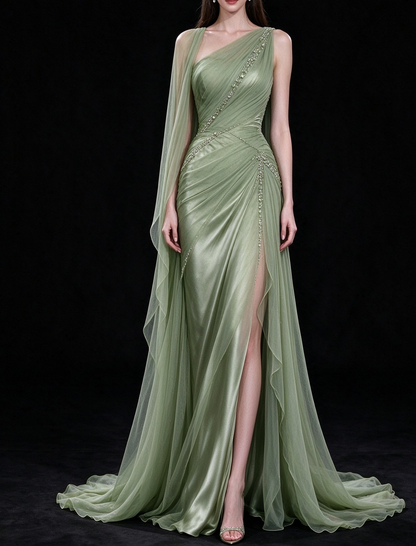 Sage Green One Shoulder Beaded Satin Tulle Evening Gown fg9075