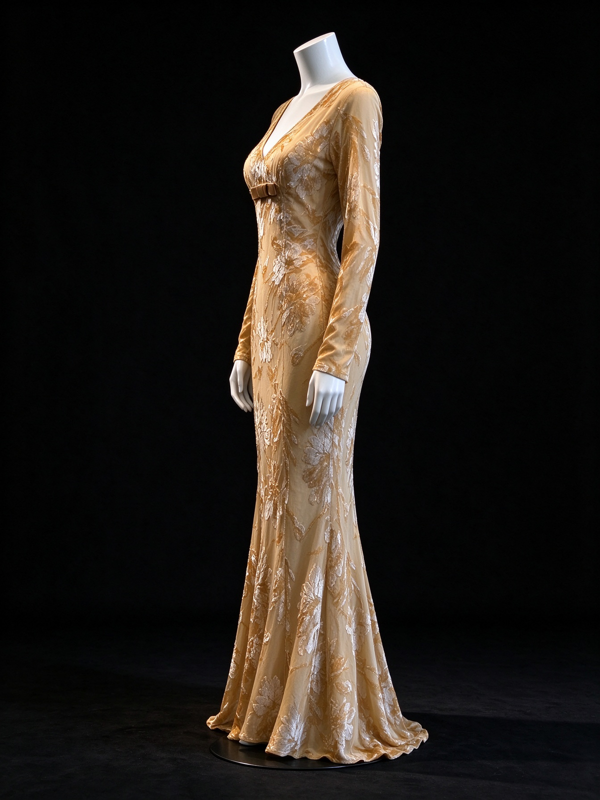 Champagne Floral Burnout Velvet Mermaid Evening Gown, V-Neck, Long Sleeve With Front Bow fg8988