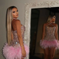 Trendy Sheath Halter Pink Beads Feathers Sequin Mini Short Formal 8th Grade Homecoming Dresses Middle School Short Prom Dress Hoco Outfits  fg8546