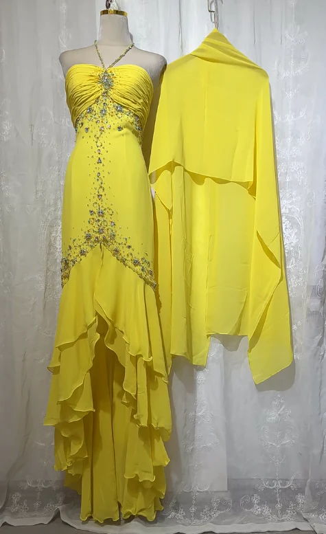 Stunning Yellow Halter Neck Sheath Chiffon Beaded Hi-Lo Prom Dresses Elegant Wedding Guest Dresses  fg8547