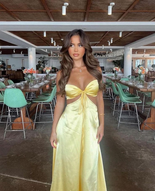 Strapless Yellow A Line Long Prom Dress Satin Formal Party Gown     fg5085