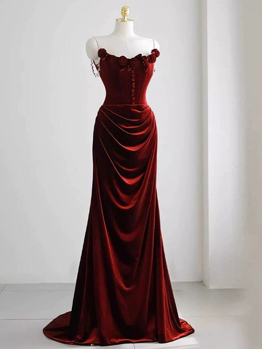 Red velvet evening dress, floral prom dress, chic mermaid dress,custom made       fg4923