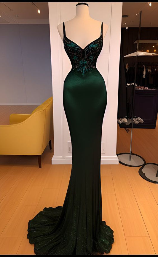Mermaid Straps Dark Green Satin Long Prom Dresses       fg5118