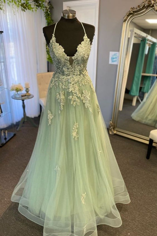 Träger Salbeigrün Applikationen A-Linie Langes Abendkleid fg4484