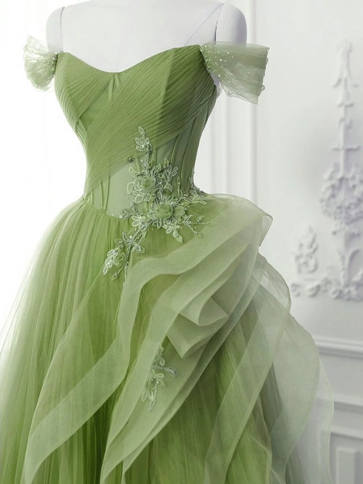 Green A-Line Off Shoulder Long Prom Dress, Green Lace Long Evening Dress       fg4922