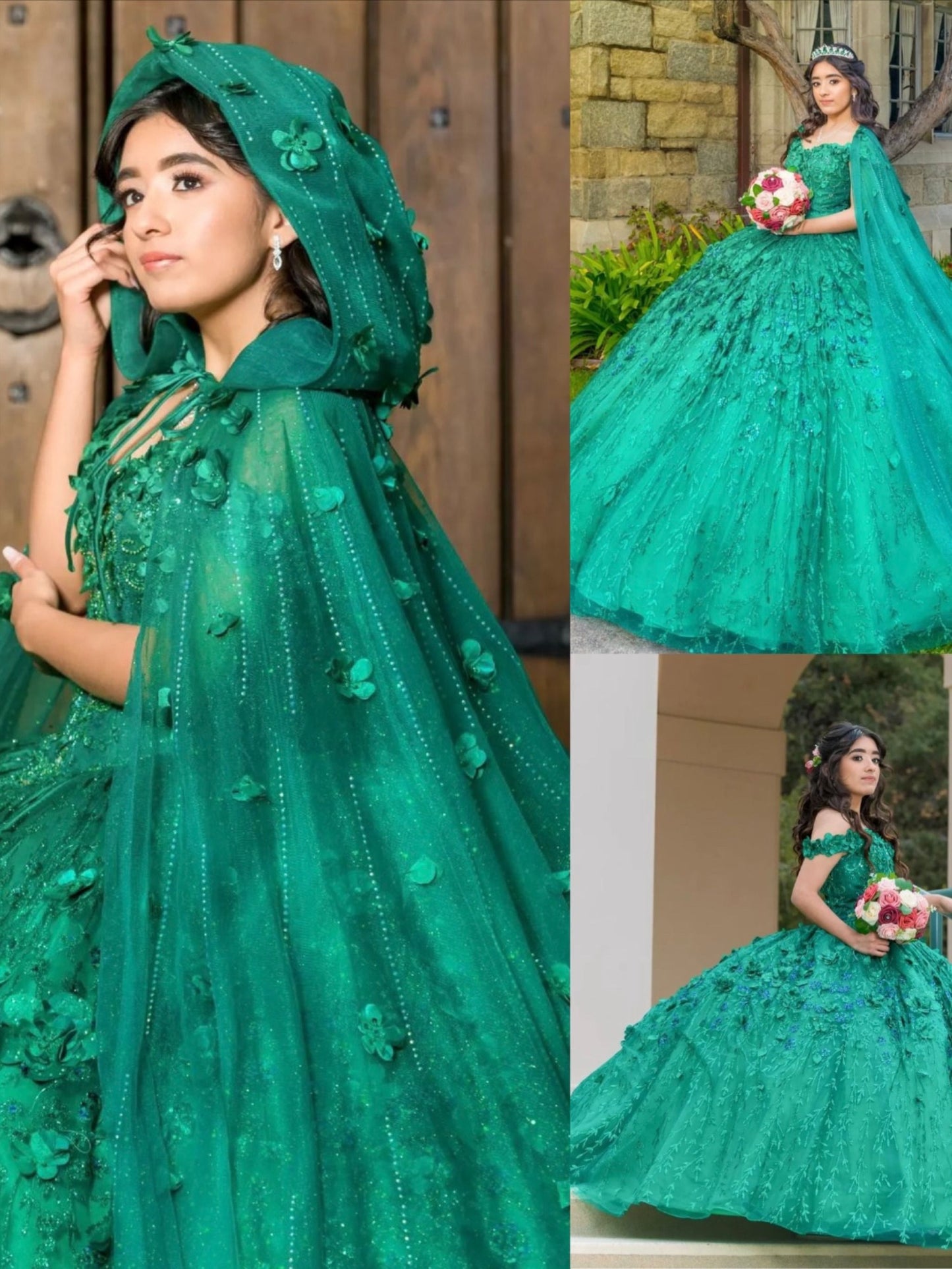 Green Sparkly Quinceanera Dresses With Cape Tassels Sweet 16 Dresses Ball Gown 3D Flowers Tulle Birthday Gowns     fg4570