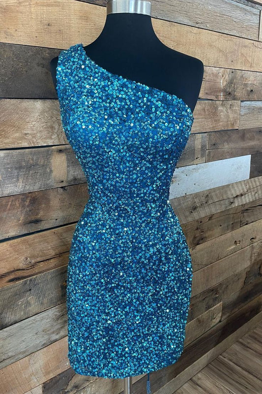 Sparkle Blue Sequin One Shoulder Bodycon Party Dress     fg4346