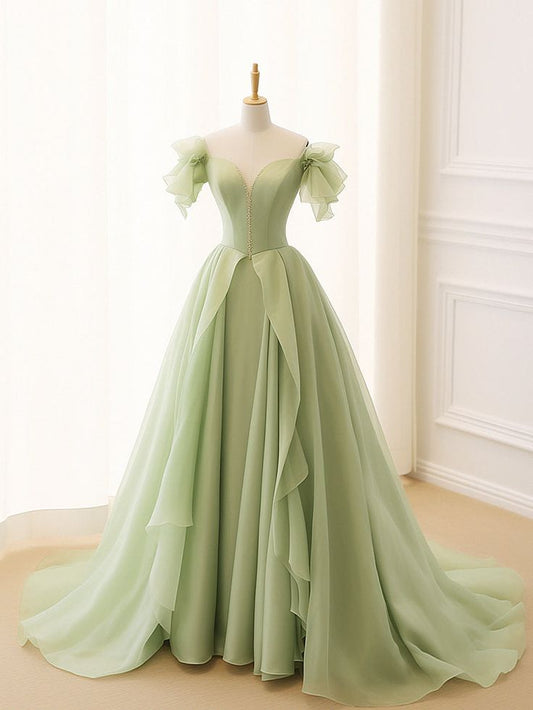 A-Line Green Tulle Long Prom Dress, Green Tulle Long Formal Dress       fg4914