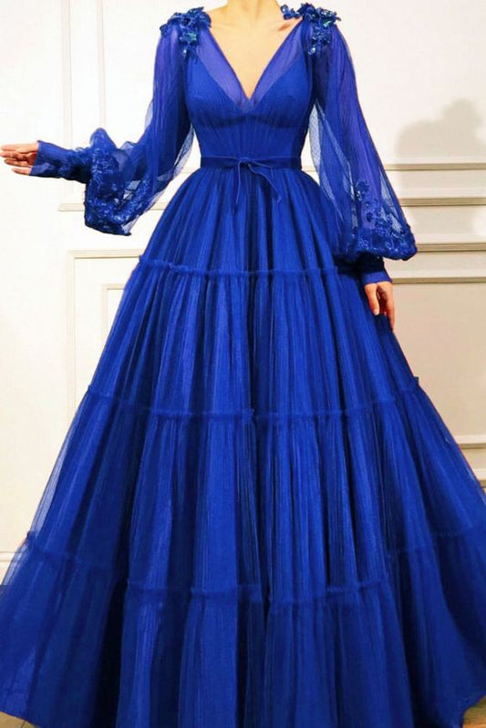 Elegant Royal Blue Prom Dresses Long Sleeves V-neck With 3D Flowers      fg4454