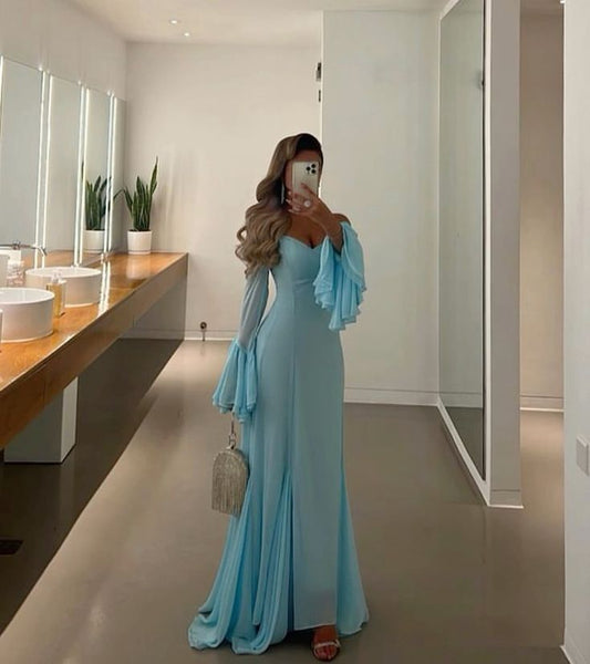 Blue Chiffon Prom Dresses Women Long Sleeves Formal Wedding Party Dress Evening Gowns      fg4505