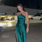 Dark Green Satin Long Evening Dresses Side Slit Prom Party Formal Party Gown      fg4396