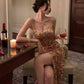 Elegant Spaghetti Strap Midi Sequined Dress Women Sexy Prom Evening Bodycon Party Birthday Fashion Gown    fg5132