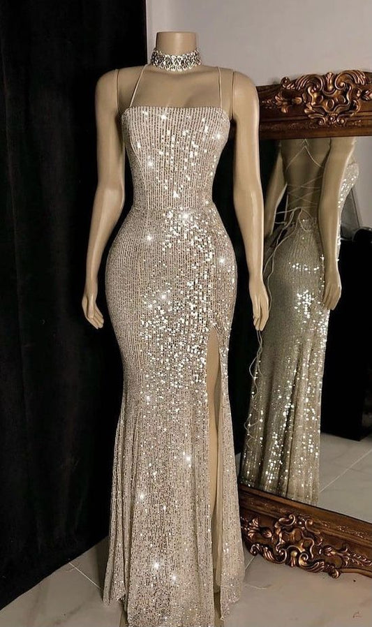 Sexy Sequin Spaghetti Straps Sleeveless Lace Up Back Side Slit Mermaid Long Prom Dresses    fg4944