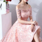 High Low Pink Lace Homecoming Dress Off The Shoulder Short Prom Dress      fg5026