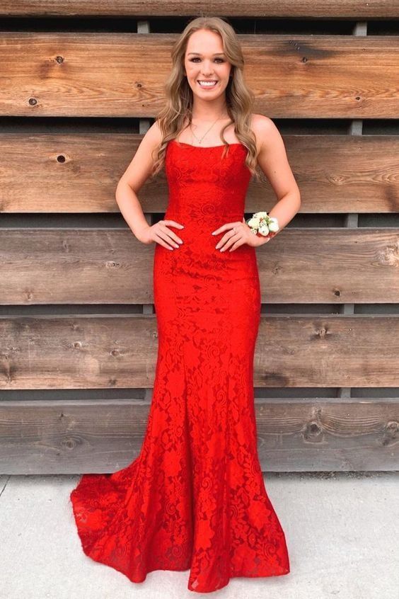 Red Elegant Dress Women Long Prom Dress Mermaid Lace Long Prom Dress     fg4906