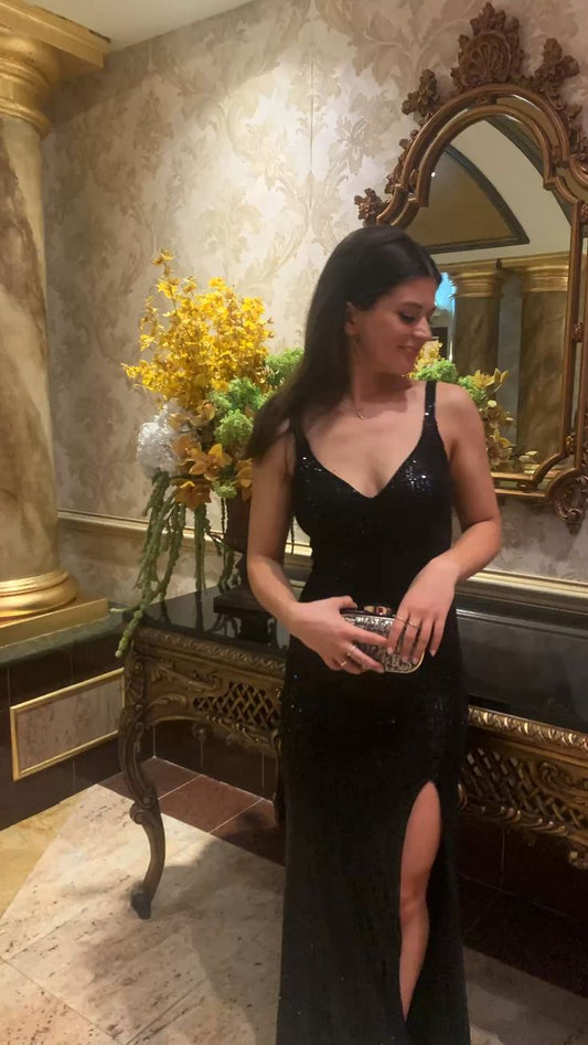 Sexy Black Long Prom Dresses With Slit     fg5124