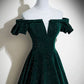 Velvet Off Shoulder Long Party Dress, Green A-line Prom Dress      fg4940