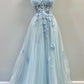 Sweetheart One Shoulder Blue Prom Dress with Flowers       fg4501