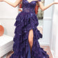 Women's Elegant Dark Purple Lace Prom Dress, A-line V-neck Off The Shoulder Gown      fg4951