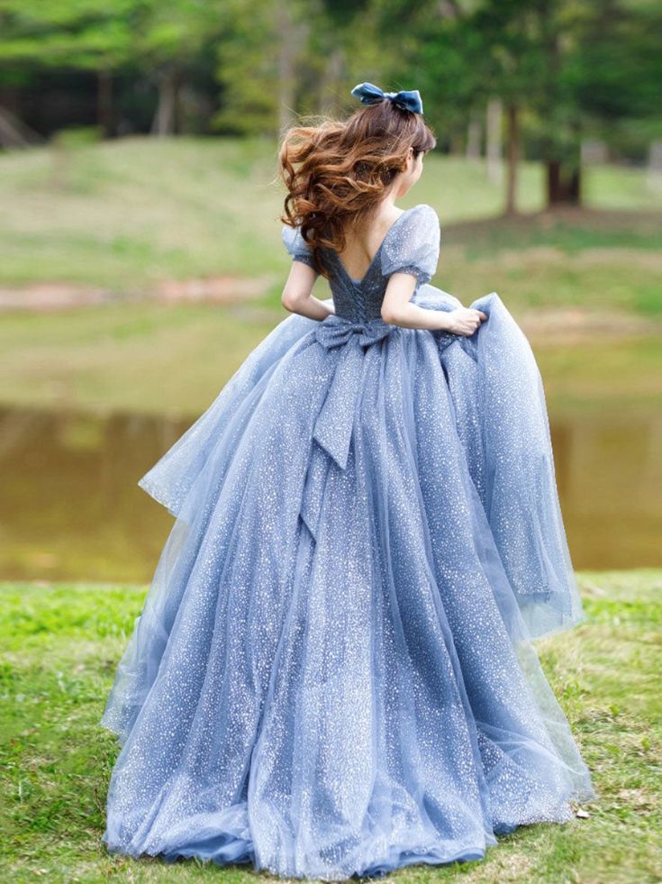 Blue Tulle V Neck Tulle Long Prom Dress, Blue Sweet 16 Dress     fg4465