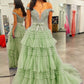 Sage Green Off the Shoulder Tulle Lace Prom Dress with Ruffles     fg4407