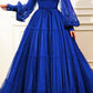 Elegant Royal Blue Prom Dresses Long Sleeves V-neck With 3D Flowers      fg4454